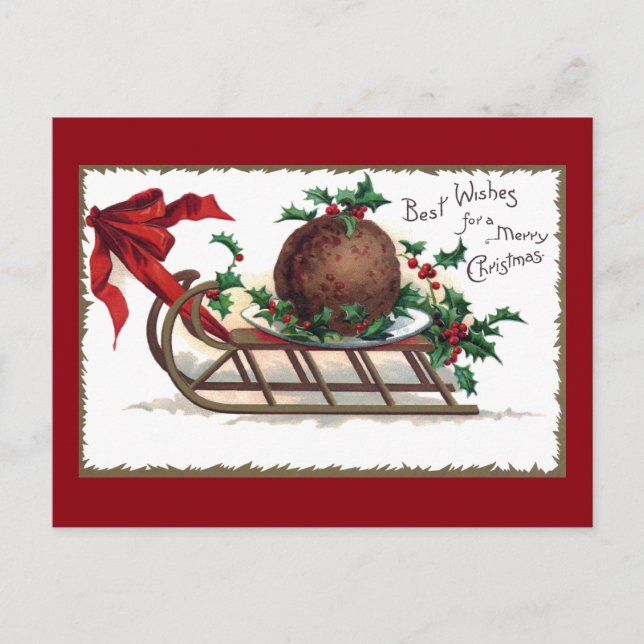 Plum Pudding on Sleigh Vintage Christmas Holiday Postcard (Front)