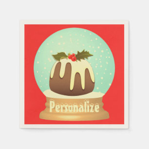 Plum pudding snow globe winter cake red green napkin