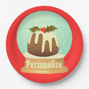 Plum pudding snow globe winter cake red green   paper plate