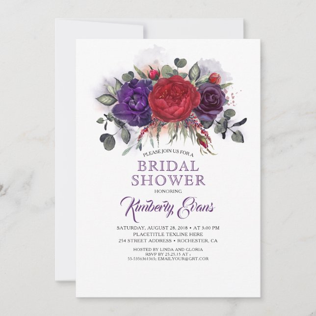 Plum Purple and Burgundy Floral Fall Bridal Shower Invitation (Front)