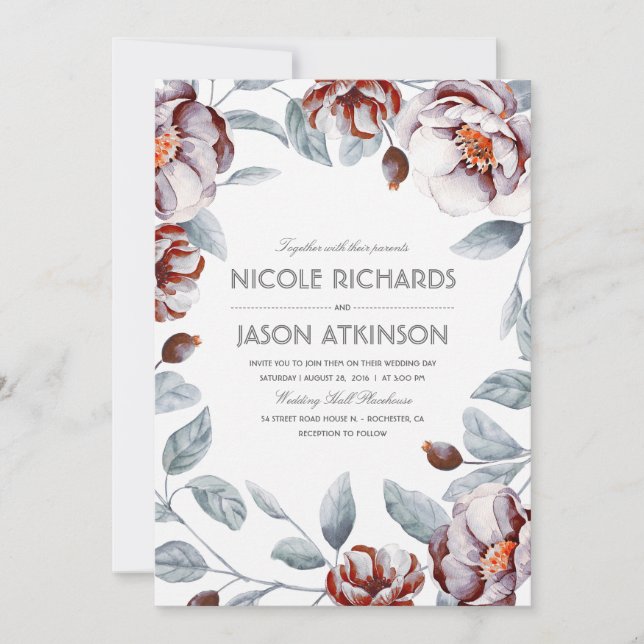Plum Purple and Burgundy Floral Watercolor Wedding Invitation (Front)