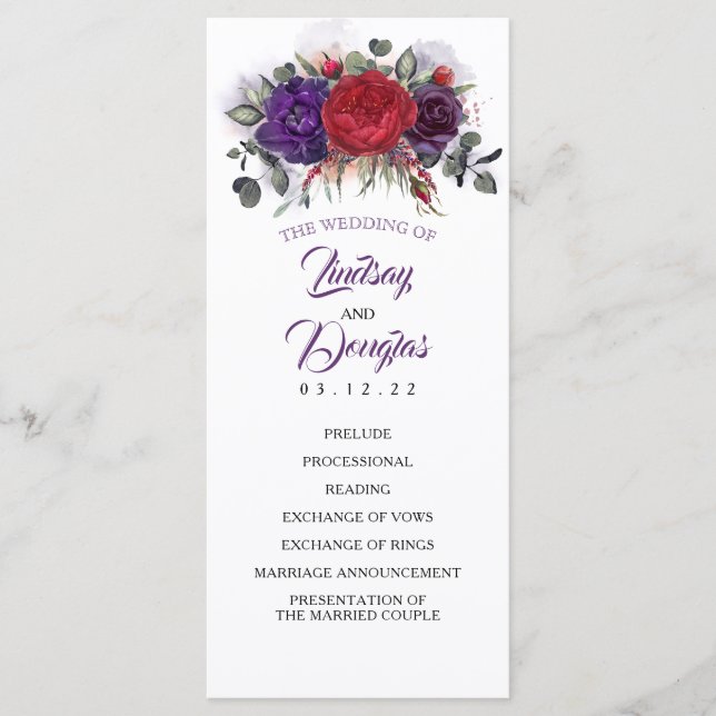 Plum Purple and Burgundy Floral Wedding Programs Programme (Front)