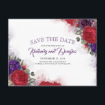 Plum Purple and Burgundy Red Floral Save the Date Announcement Postcard<br><div class="desc">Burgundy red flowers eggplant purple save the date postcards</div>