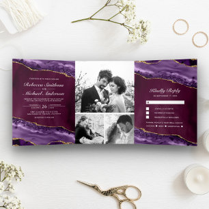Plum, Purple and Gold Agate Photo Collage Wedding Tri-Fold Invitation
