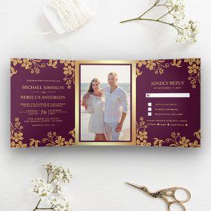 Plum Purple and Gold Foil Floral Leaves Wedding Tri-Fold Invitation