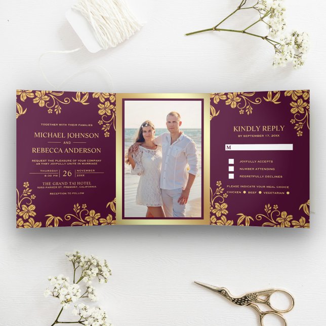 Plum Purple and Gold Foil Floral Leaves Wedding Tri-Fold Invitation (Creator Uploaded)