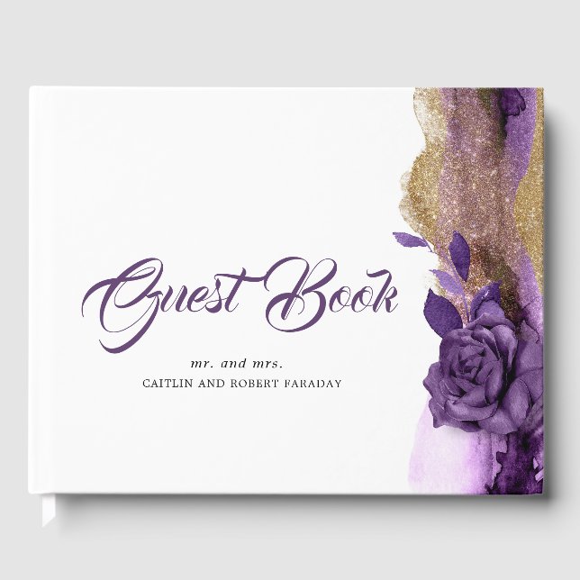 Plum Purple and Gold Glitter Wedding Guest Book (Front)