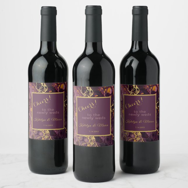 Plum Purple And Gold Marble  Wine Label (Bottles)
