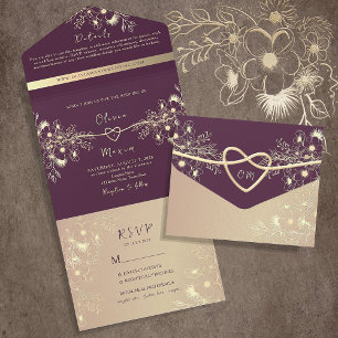 Plum Purple and Gold Wedding All In One Invitation