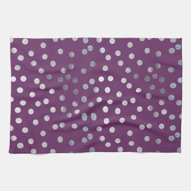 Plum Purple and Silver Glitter City Dots Tea Towel (Horizontal)