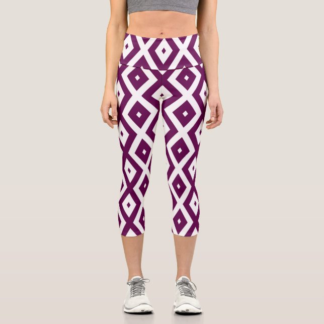 Plum purple and white diamond pattern capri leggings (Front)