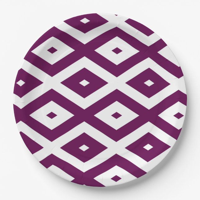 Plum purple and white diamond pattern paper plate (Front)