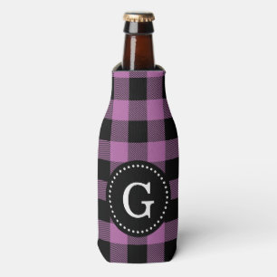 Plum Purple Black Buffalo Check Plaid 1I Monogram Bottle Cooler