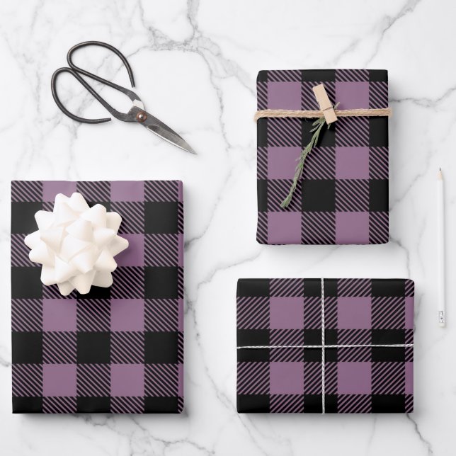 Plum Purple Black Buffalo Check Plaid Pattern Wrapping Paper Sheet (Front)