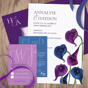 Plum Purple & Blue Calla Lilies Wedding Invitation