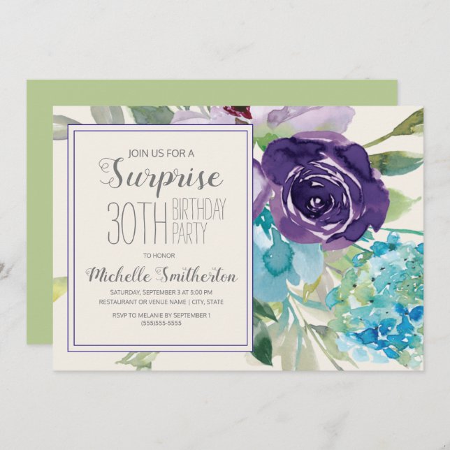 Plum Purple Blue Floral Surprise 30th Birthday Invitation (Front/Back)