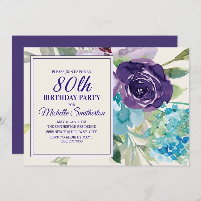 Plum Purple Blue Watercolor Floral 80th Birthday Invitation (Front/Back)