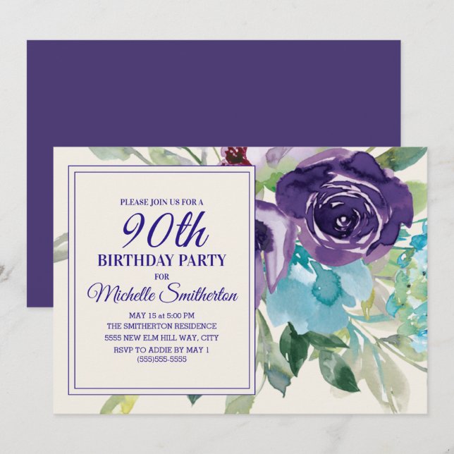 Plum Purple Blue Watercolor Floral 90th Birthday Invitation (Front/Back)