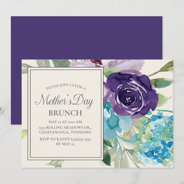 Plum Purple Blue Watercolor Floral Mother's Day Invitation (Front/Back)