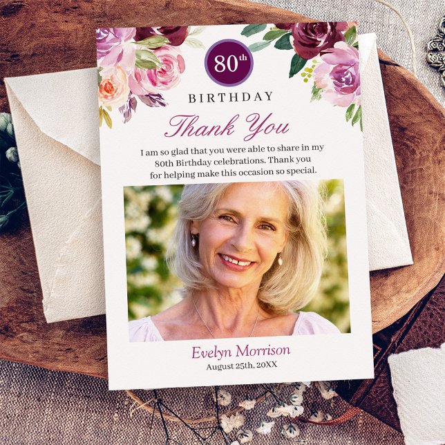 Plum Purple Blush Floral Birthday Photo Thank You Card (Creator Uploaded)