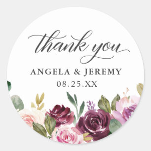 Plum Purple Blush Floral Chic Wedding Thank You Classic Round Sticker
