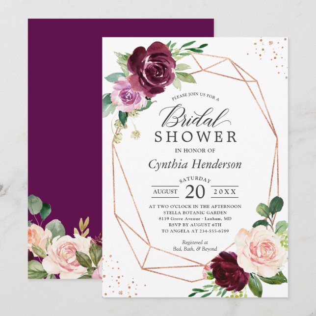 Plum Purple Blush Floral Rose Gold Bridal Shower Invitation (Front/Back)
