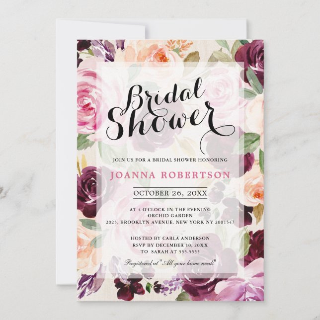 Plum Purple Blush Pink Botanical Bridal Shower Invitation (Front)