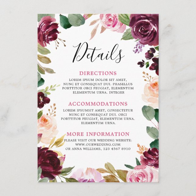 Plum Purple Blush Pink Botanical Floral Wedding Enclosure Card (Front)