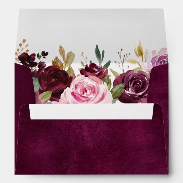 Plum Purple Blush Pink Botanical Floral Wedding Envelope (Back (Bottom))