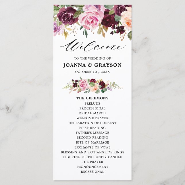 Plum Purple Blush Pink Botanical Floral Wedding Programme (Front)