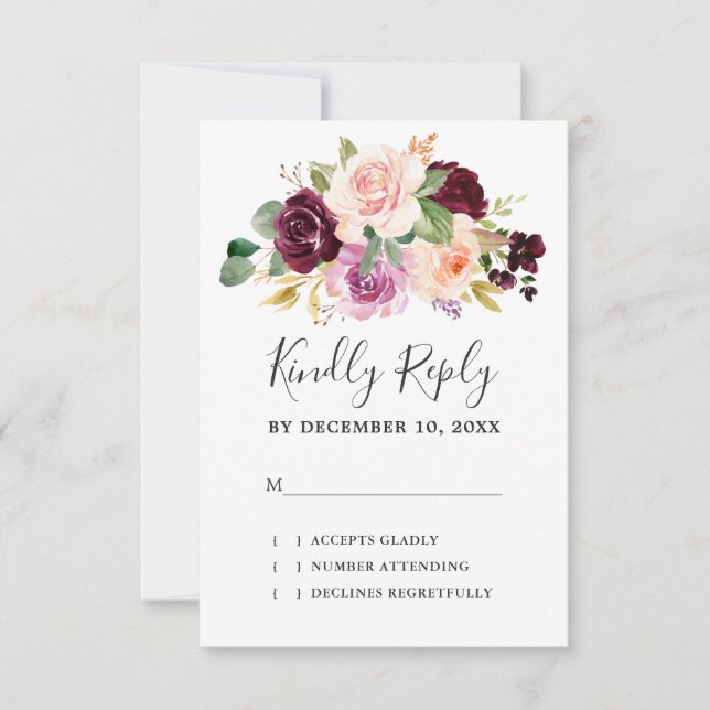Plum Purple Blush Pink Botanical Floral Wedding RSVP Card (Front)