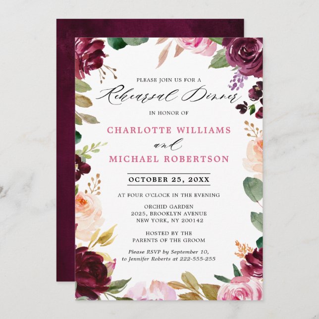 Plum Purple Blush Pink Botanical Rehearsal Dinner Invitation (Front/Back)