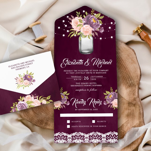 Plum Purple Blush Pink Floral Mason Jar Wedding All In One Invitation (Creator Uploaded)
