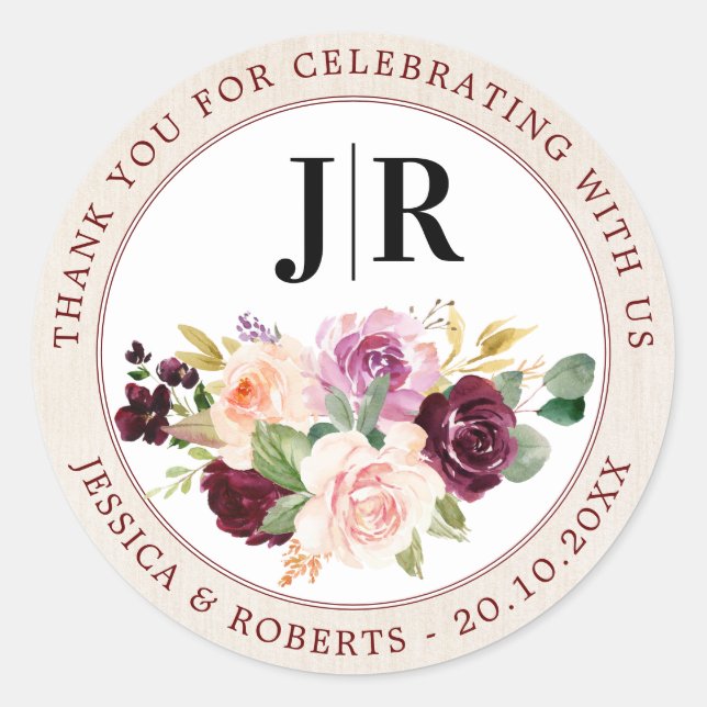 Plum Purple Blush Pink Floral Thank You Classic Round Sticker (Front)