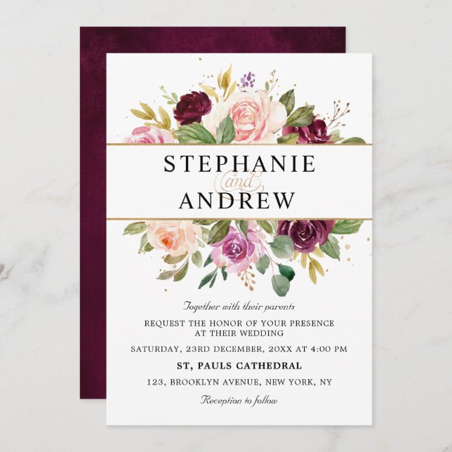 Plum Purple Blush Pink Geometric Floral Wedding Invitation (Front/Back)