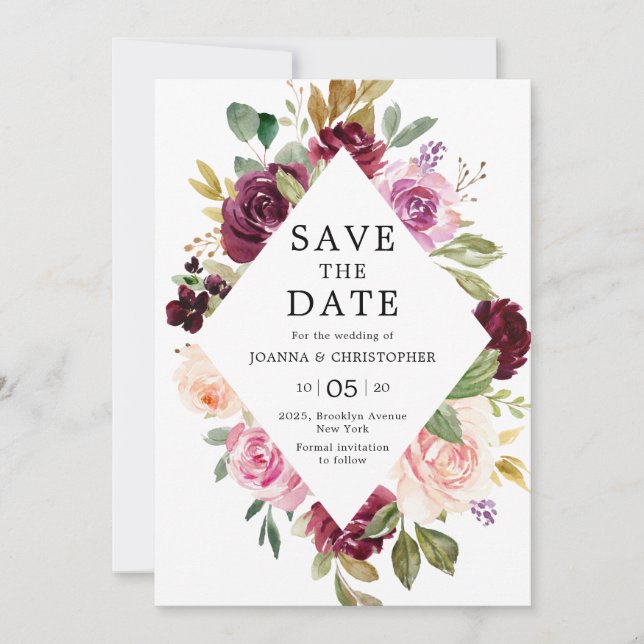 Plum Purple Blush Pink Geometric Floral Wedding Save The Date (Front)