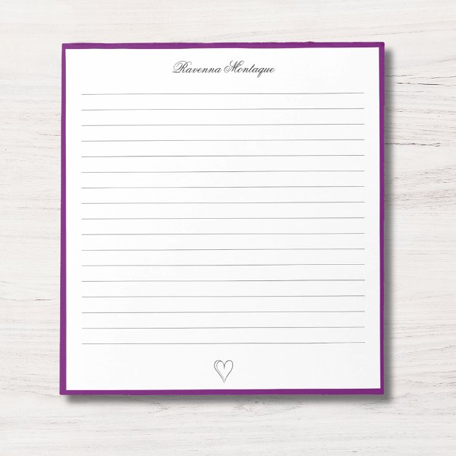 Plum Purple Border and Heart Custom Script Lined Notepad (Creator Uploaded)