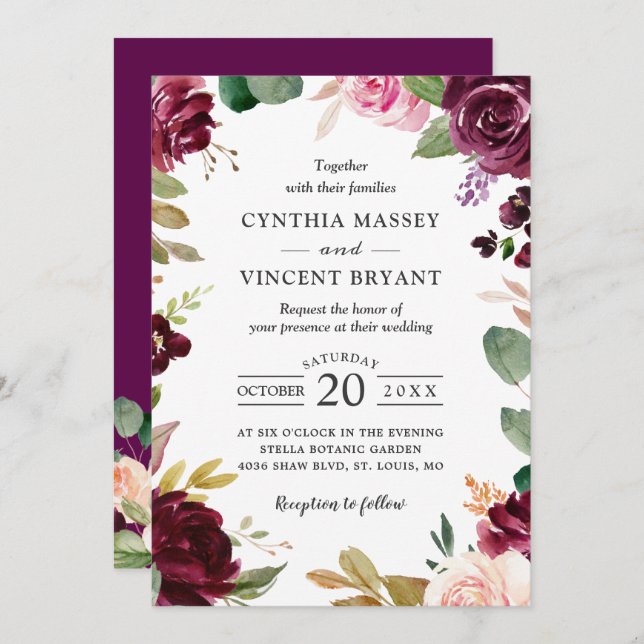 Plum Purple Burgundy Blush Floral Wedding Invitation (Front/Back)