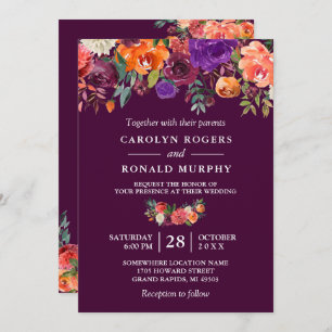 Plum Purple Burgundy Orange Floral Wedding Invitation