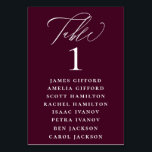 Plum Purple Calligraphy Seating Chart Table Number<br><div class="desc">Elegant white calligraphy "table",  with guest names listed and table number,  wedding table number seating chart card. Background colour shown in plum purple,  can be customised.</div>