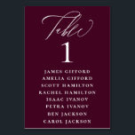 Plum Purple Calligraphy Seating Chart Table Number<br><div class="desc">Elegant white calligraphy "table",  with guest names listed and table number,  wedding table number seating chart card. Background colour shown in plum purple,  can be customised.</div>