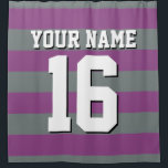 Plum Purple Charcoal Sports Jersey Preppy Stripe Shower Curtain<br><div class="desc">Preppy Striped Team Jersey / Sports Jersey / Football Jersey / Rugby Jersey with Custom Name Customise this with your own name or team name and a number. You can change the size, colour and placement of the text if you need to make changes, change the colour of or remove...</div>