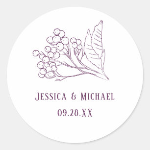 Plum Purple Delicate Leaf Outline Elegant Wedding Classic Round Sticker