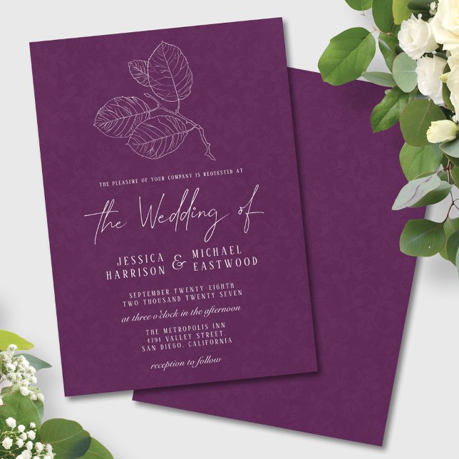 Plum Purple Delicate Leaf Outline Elegant Wedding Invitation (Creator Uploaded)