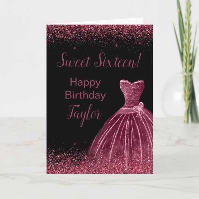 Plum Purple Dress Faux Glitter Sweet 16 Birthday Card (Front)