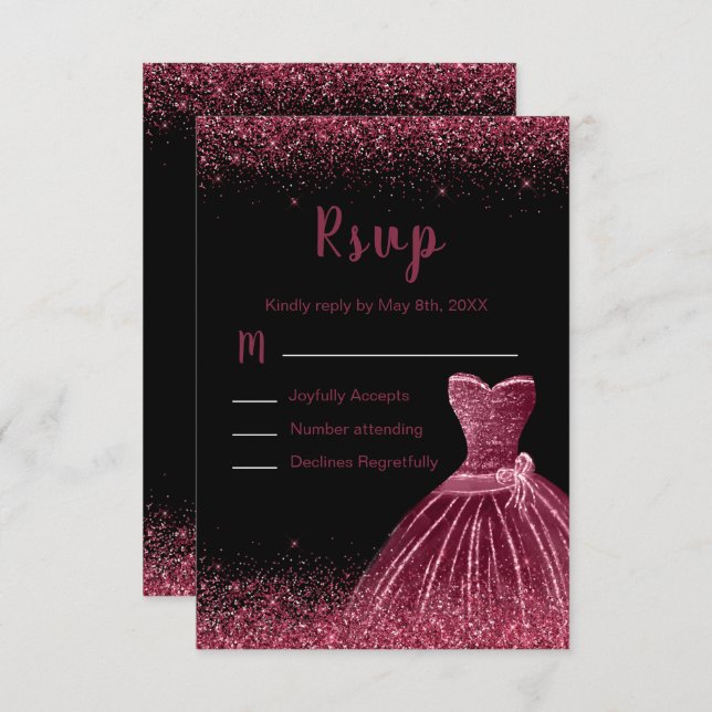 Plum Purple Dress Faux Glitter Sweet 16 Birthday RSVP Card (Front/Back)