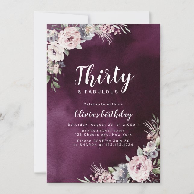 Plum purple & dusty pink boho floral 30th birthday invitation (Front)