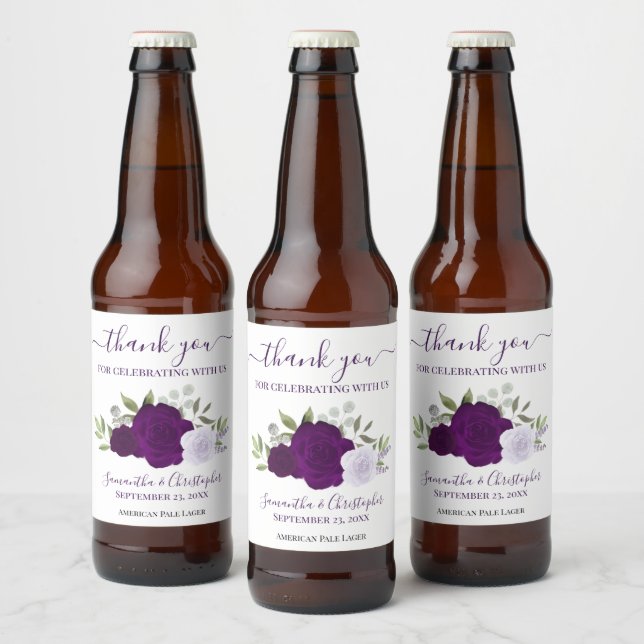 Plum Purple Elegant Boho Roses Wedding Thank You Beer Bottle Label (Bottles)