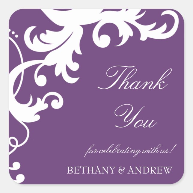Plum Purple Elegant Damask Thank You Stickers (Front)