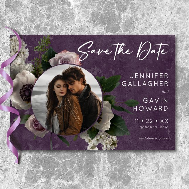 Plum Purple Elegant Floral Modern Wedding Photo Save The Date (Plum Purple Elegant Floral Modern Wedding Photo Save The Date)